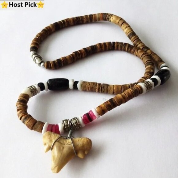 Vintage Hand Crafted Shark Tooth Pendant & Heishi Bead Necklace w/ Barrel Clasp